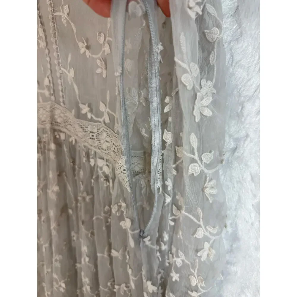 Sundance Platinum Gray Sheer Embroidered Floral Lace Peasant Dress Cottage 12 - Picture 7 of 15